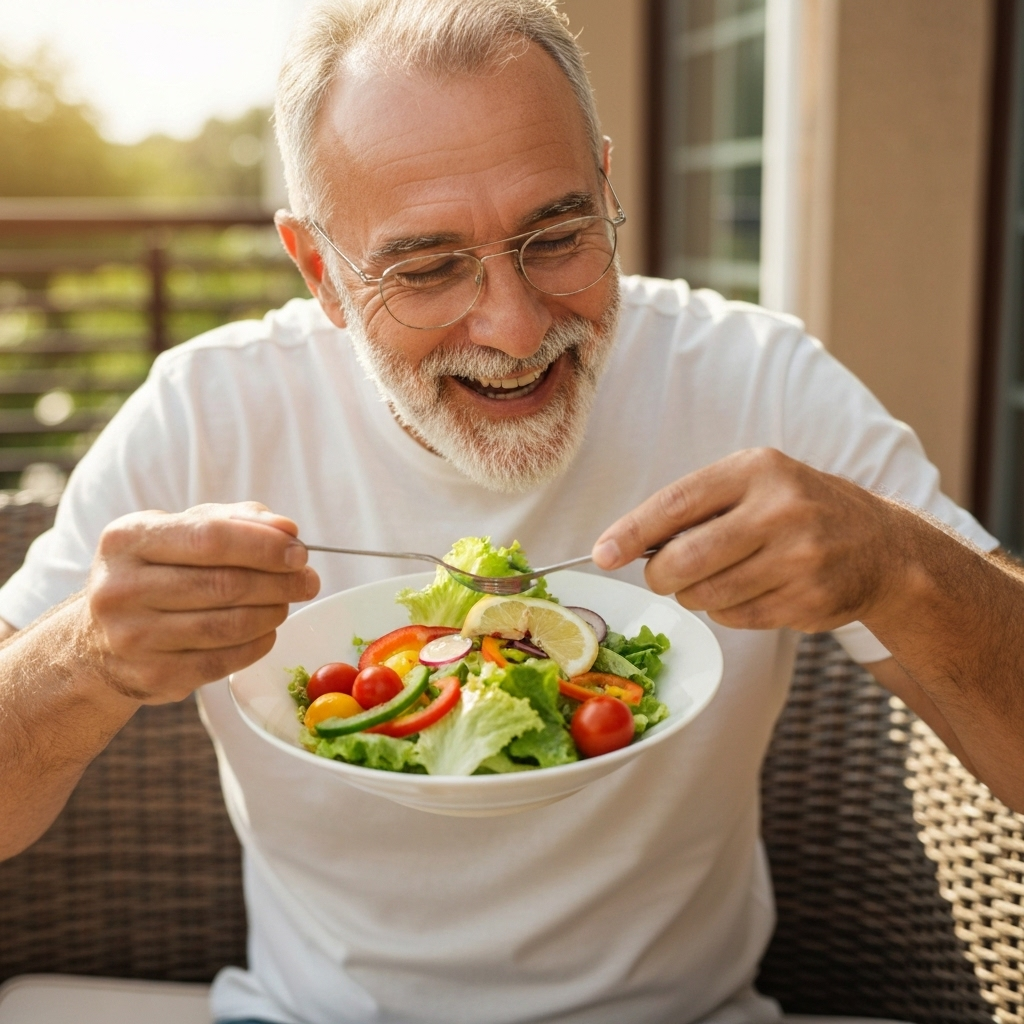 Happy man eating healthy salad for weight loss and mental health