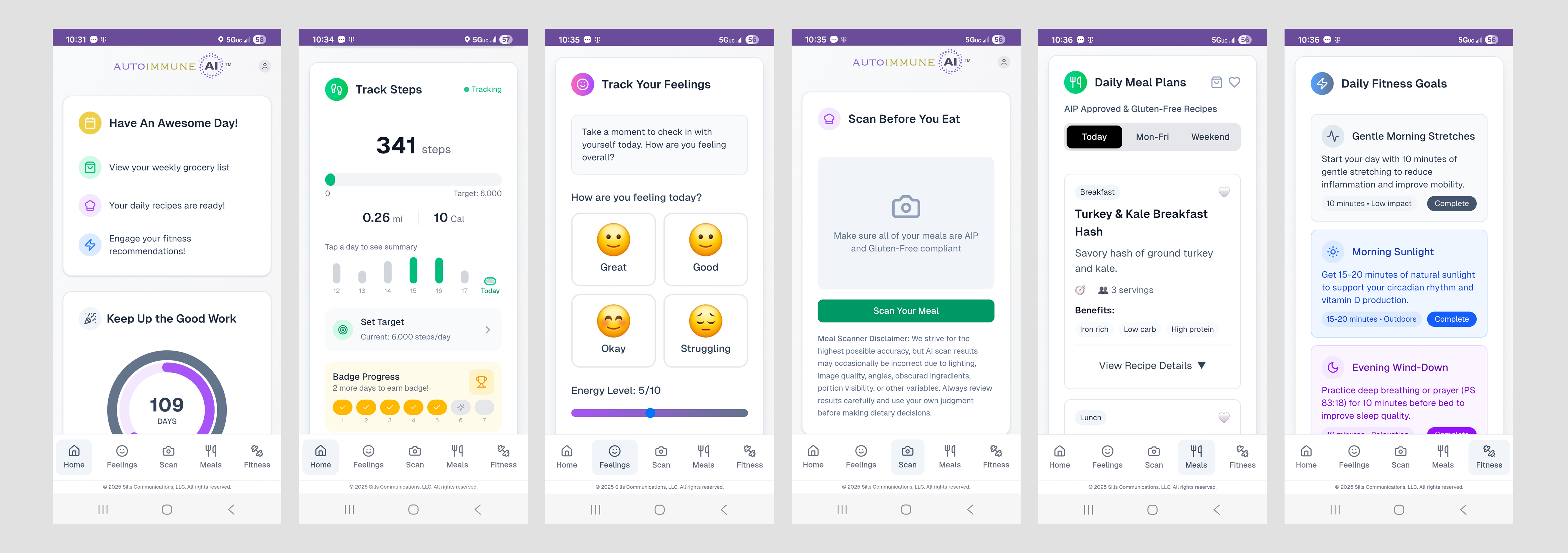 AutoImmune AI app screens showing Home, step tracking, feelings, meal scanning, daily meal plans, and fitness goals
