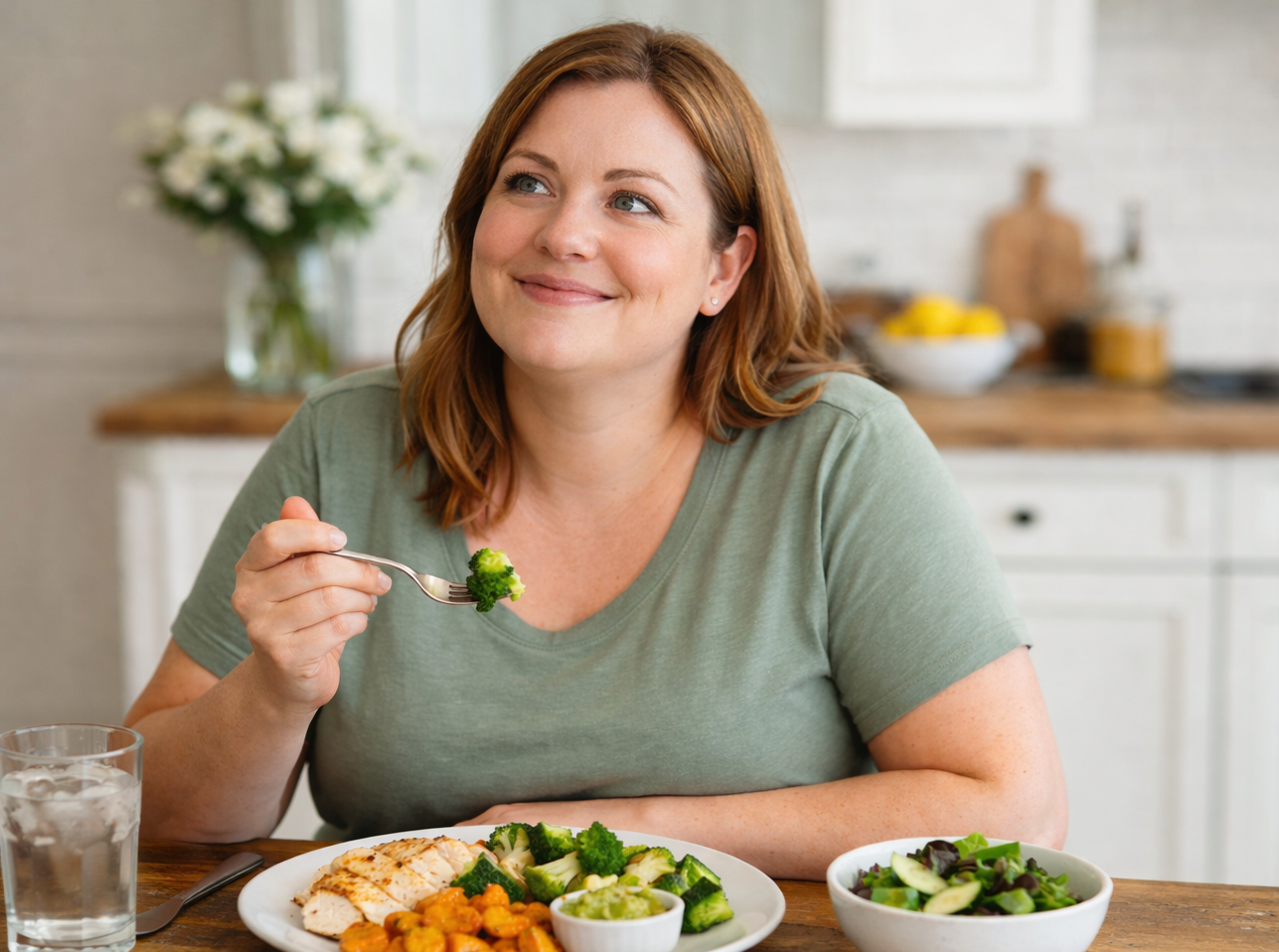 Woman enjoying a healthy AIP meal with broccoli and grilled chicken